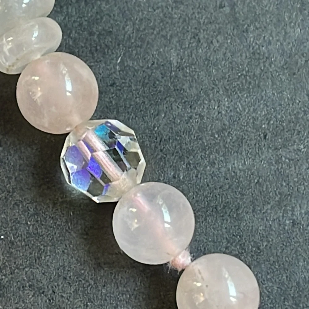 Pink Rose Quartz Beaded Necklace w Cloisonne & Aurora Borealis Accent Be…